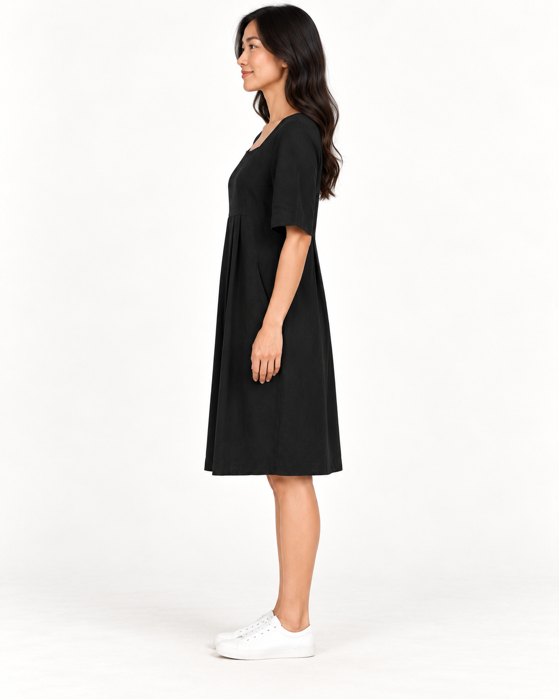 Women's Round-Neck Pocket Dress, Black, full-length side view