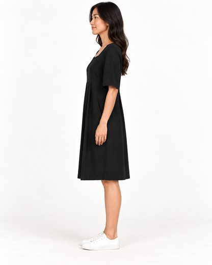 Women's Round-Neck Pocket Dress, Black, full-length side view