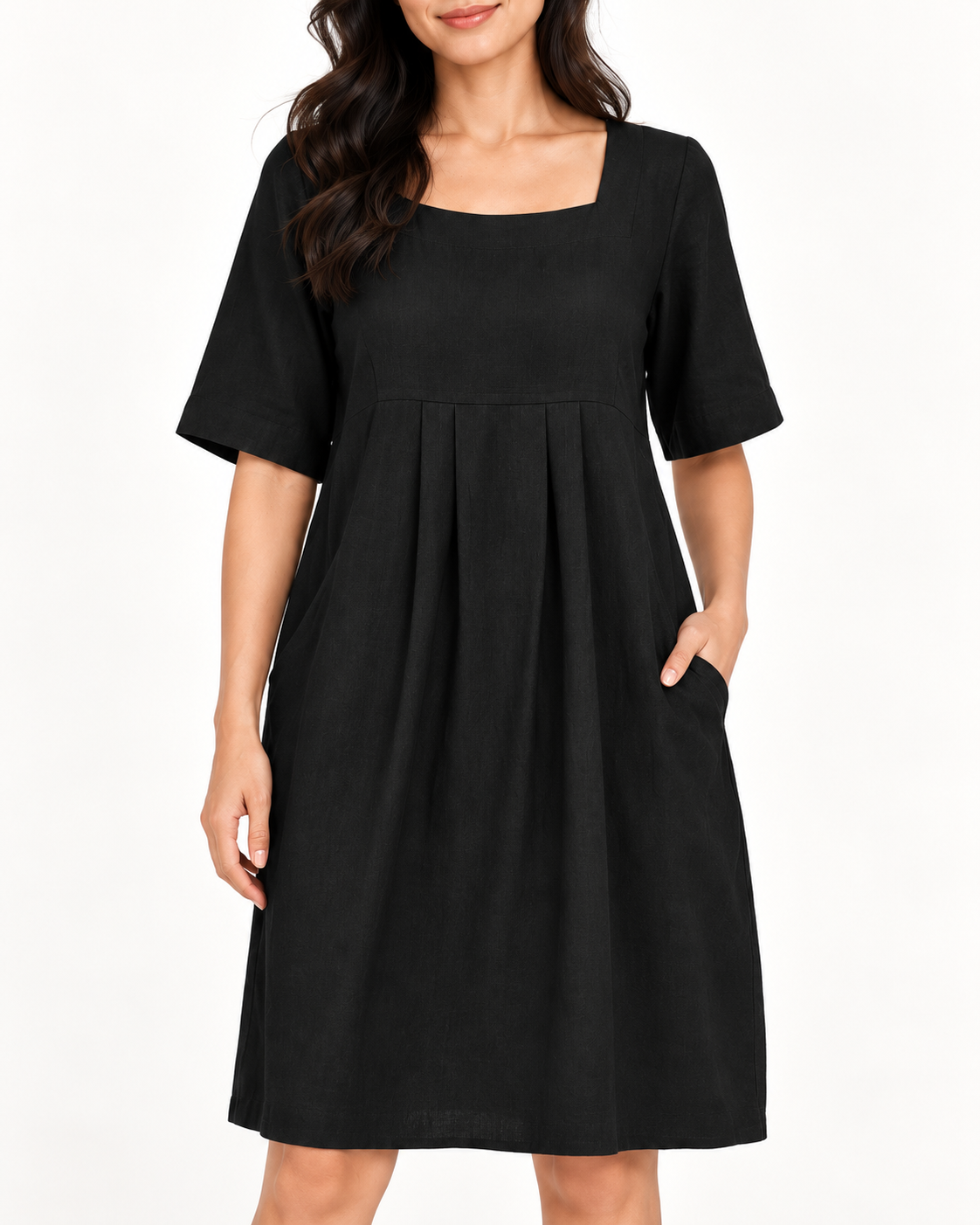 Women's Round-Neck Pocket Dress, Black, garment detail close-up