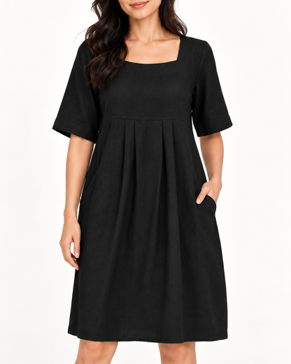Women's Round-Neck Pocket Dress, Black, garment detail close-up