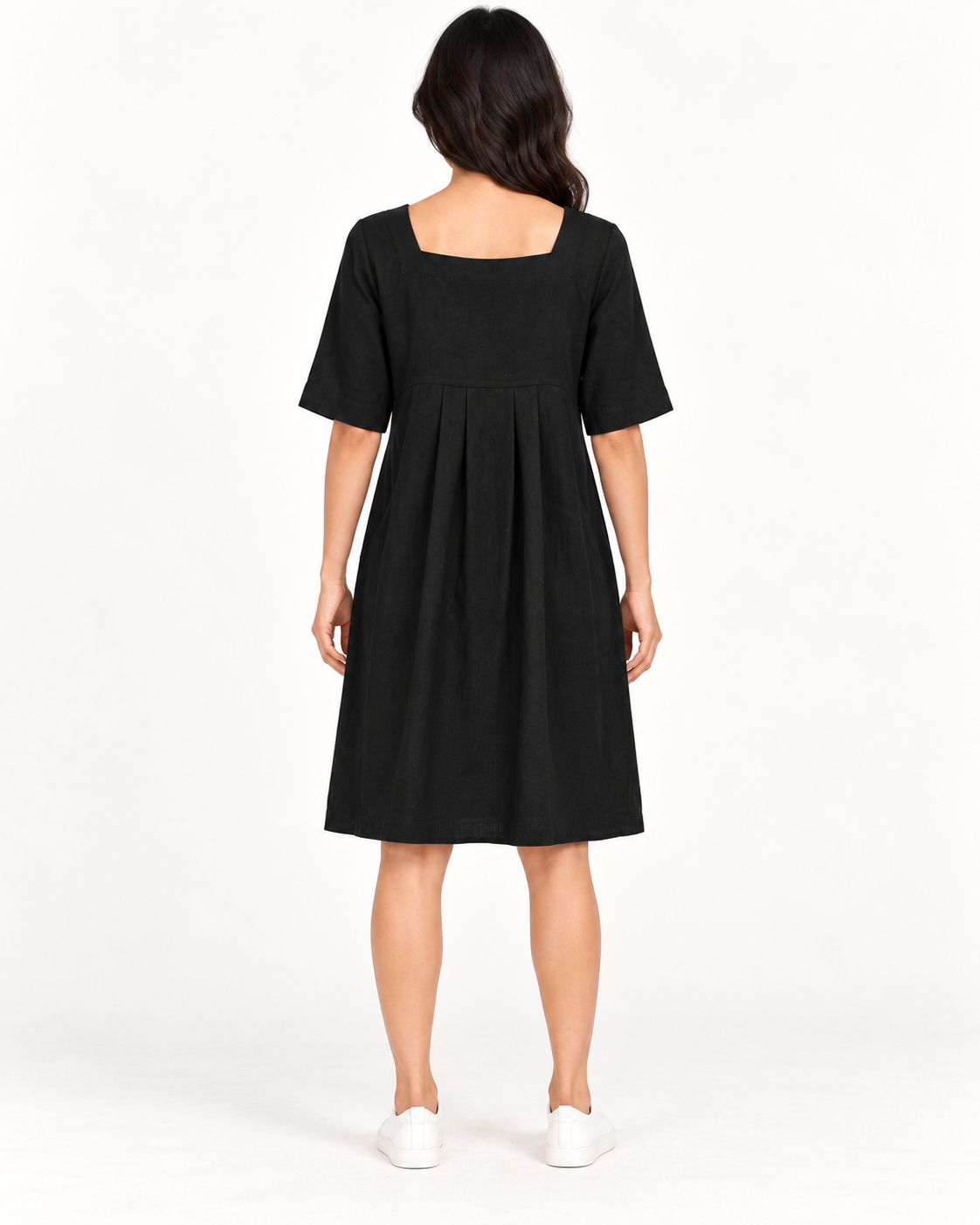 Women's Round-Neck Pocket Dress, Black, full-length back view