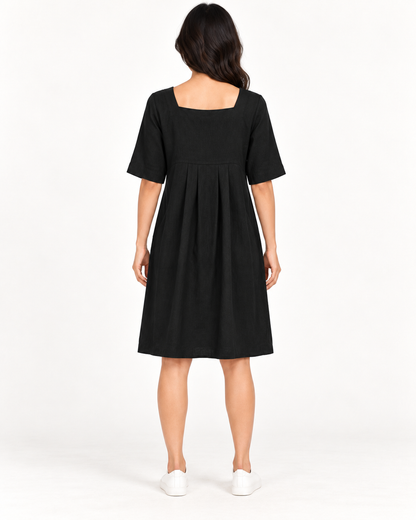Women's Round-Neck Pocket Dress, Black, full-length back view