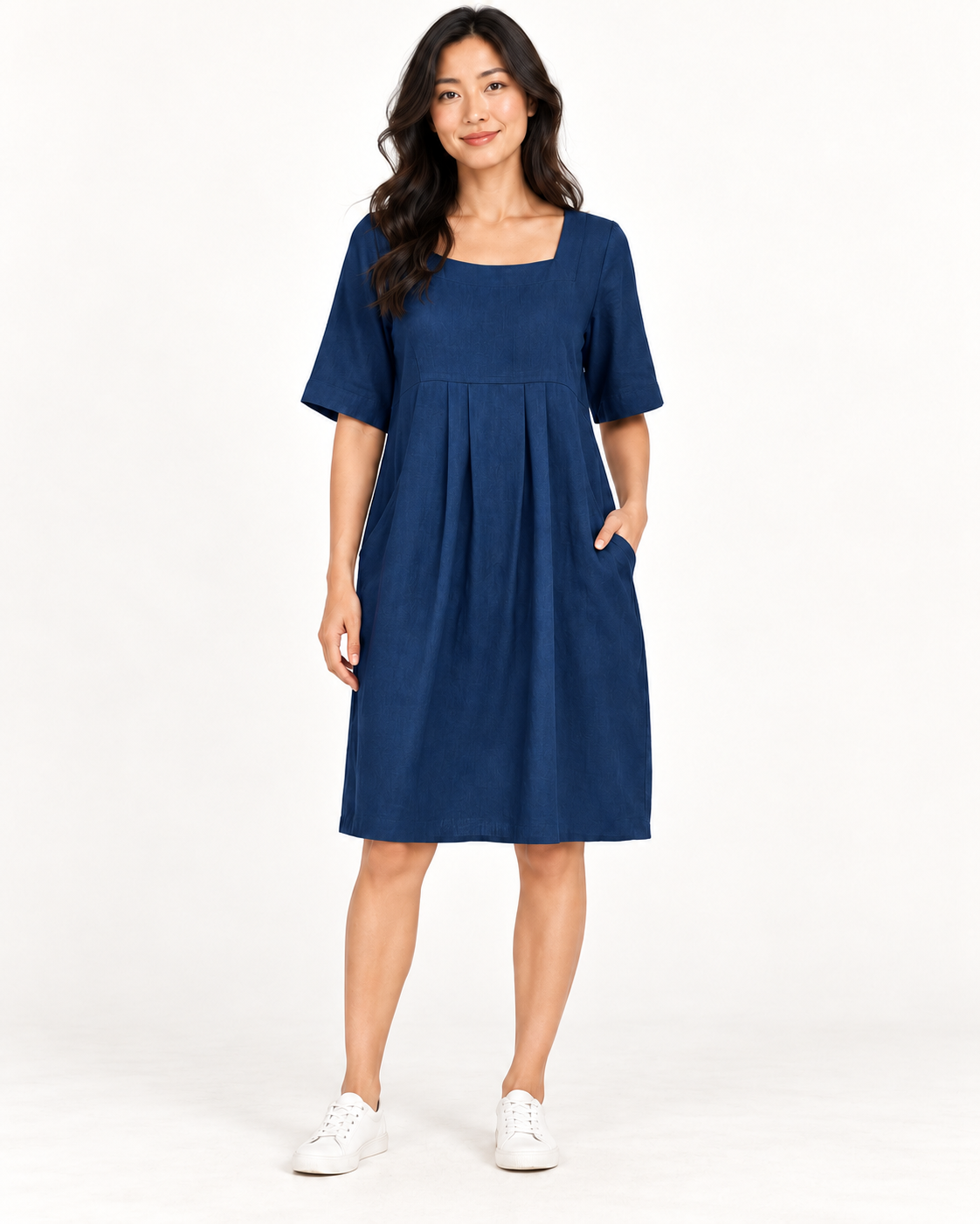 Women's Round-Neck Pocket Dress, Blue, full-length front view