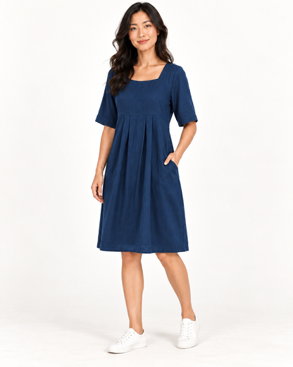 Women's Round-Neck Pocket Dress, Blue, full-length three-quarter view