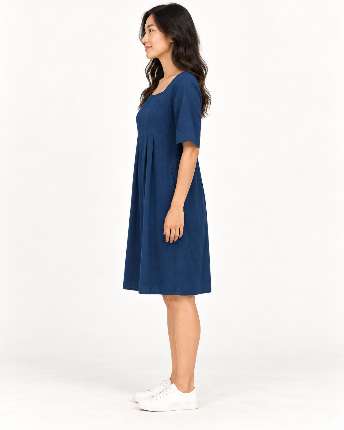 Women's Round-Neck Pocket Dress, Blue, full-length side view