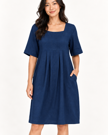 Women's Round-Neck Pocket Dress, Blue, garment detail close-up