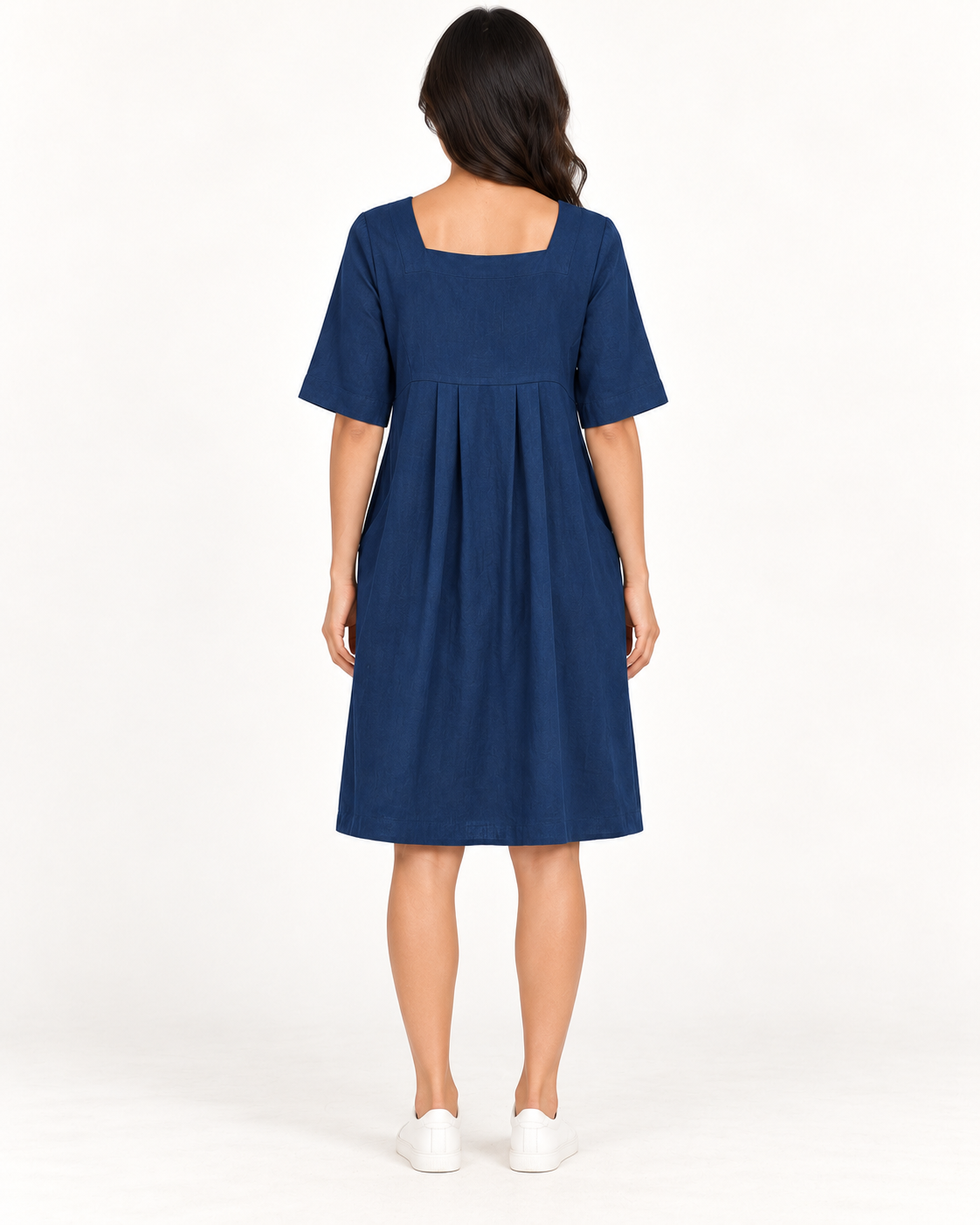 Women's Round-Neck Pocket Dress, Blue, full-length back view