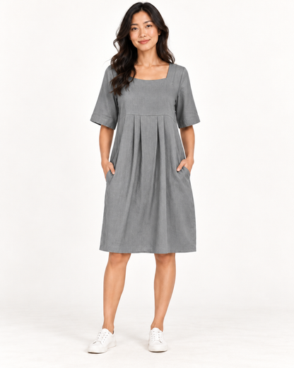 Women's Round-Neck Pocket Dress, Gray, full-length front view
