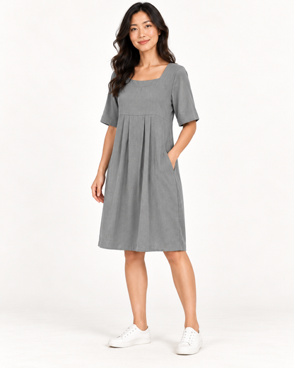 Women's Round-Neck Pocket Dress, Gray, full-length three-quarter view