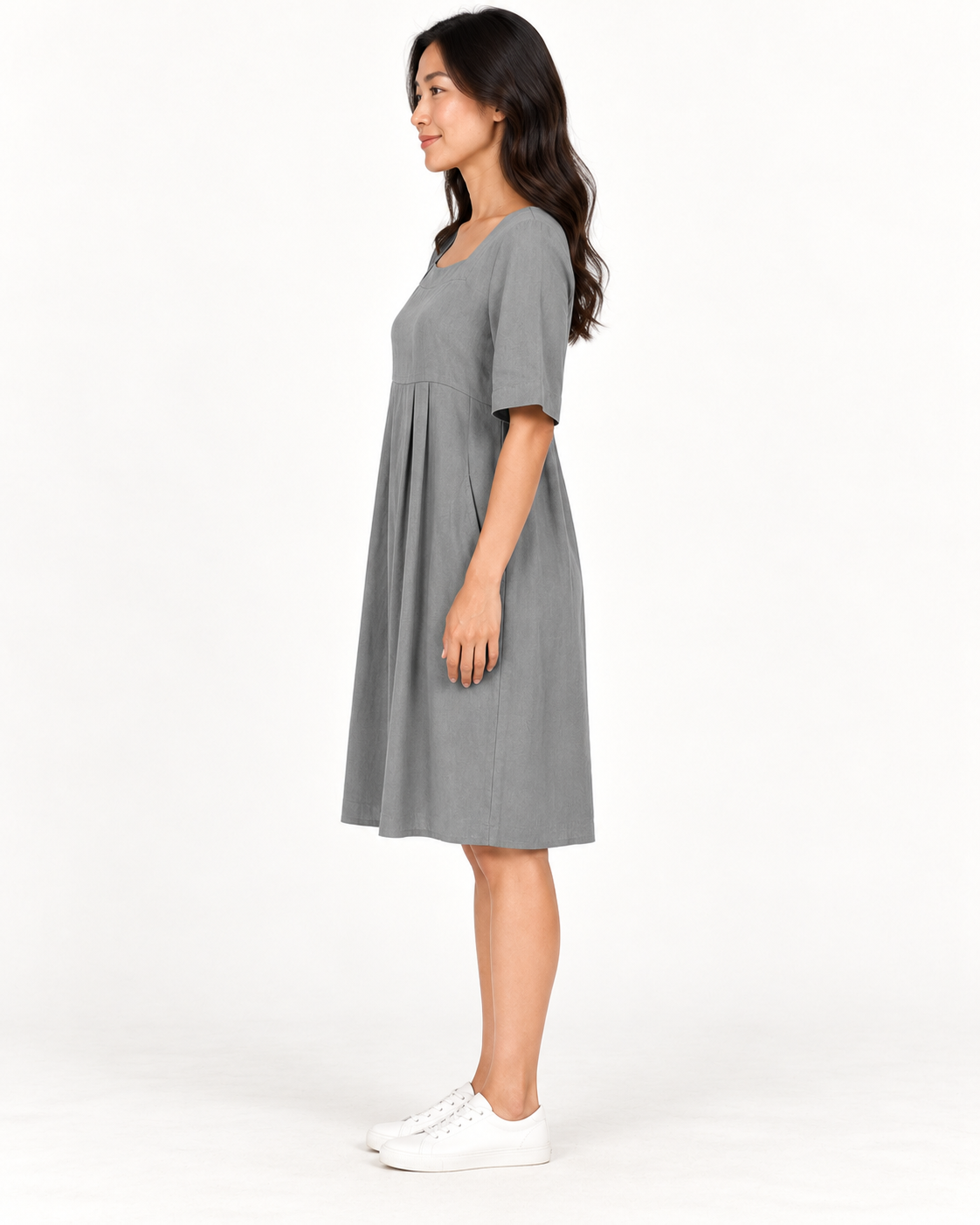 Women's Round-Neck Pocket Dress, Gray, full-length side view