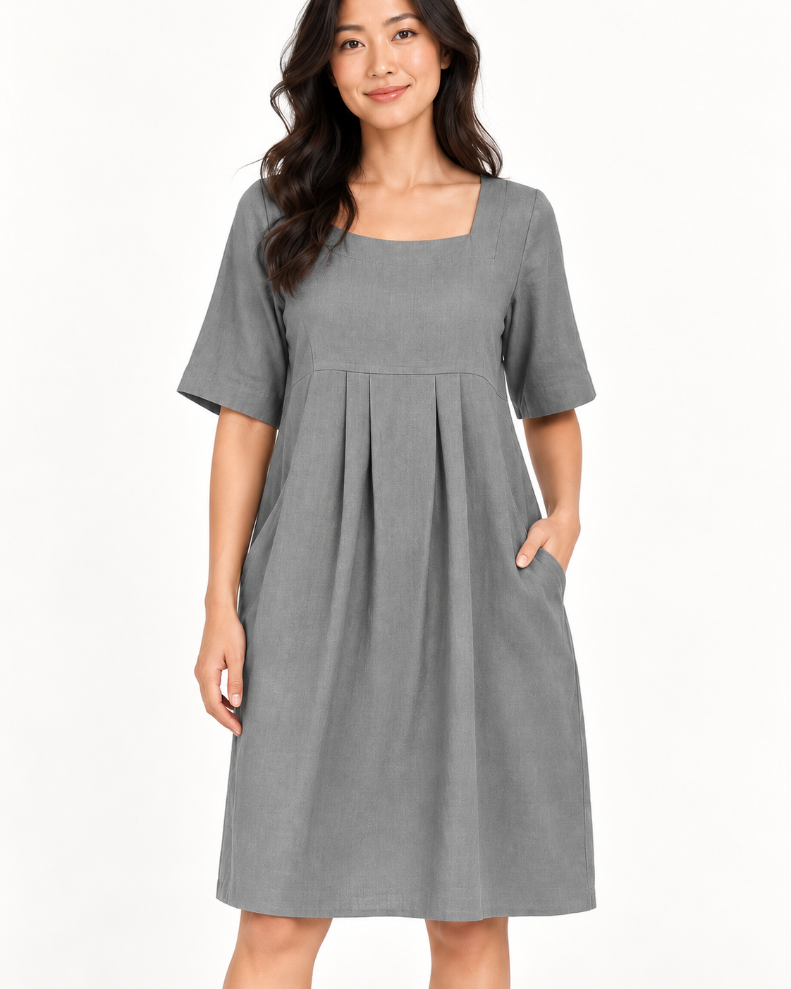 Women's Round-Neck Pocket Dress, Gray, garment detail close-up