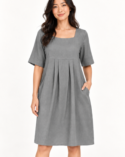 Women's Round-Neck Pocket Dress, Gray, garment detail close-up