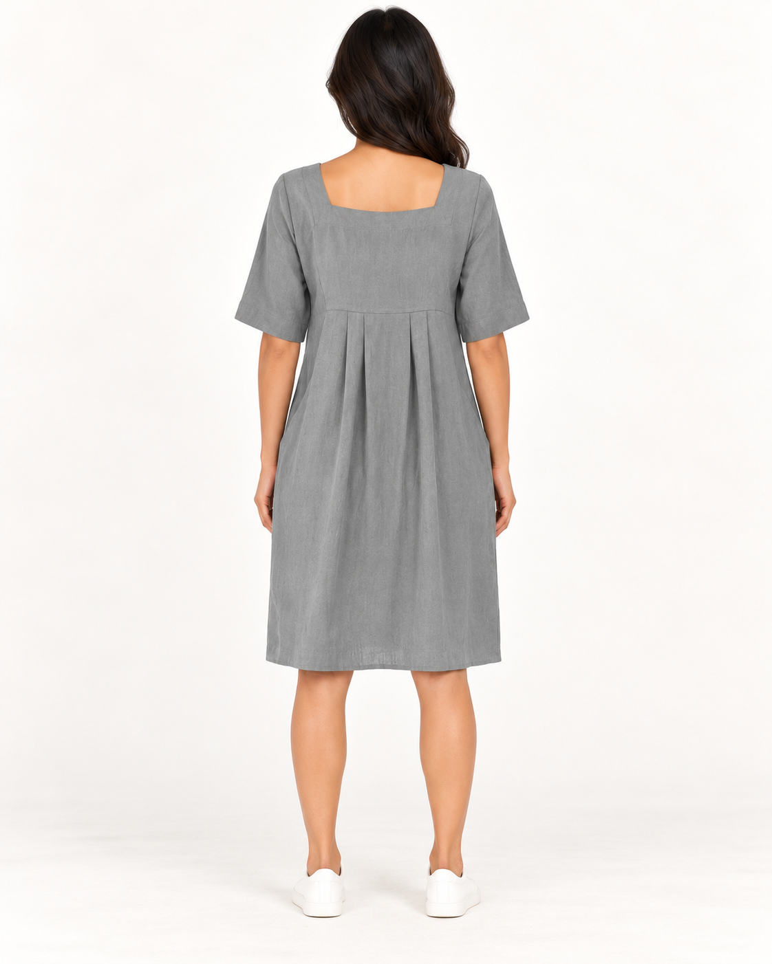 Women's Round-Neck Pocket Dress, Gray, full-length back view
