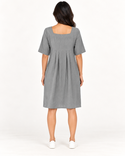 Women's Round-Neck Pocket Dress, Gray, full-length back view