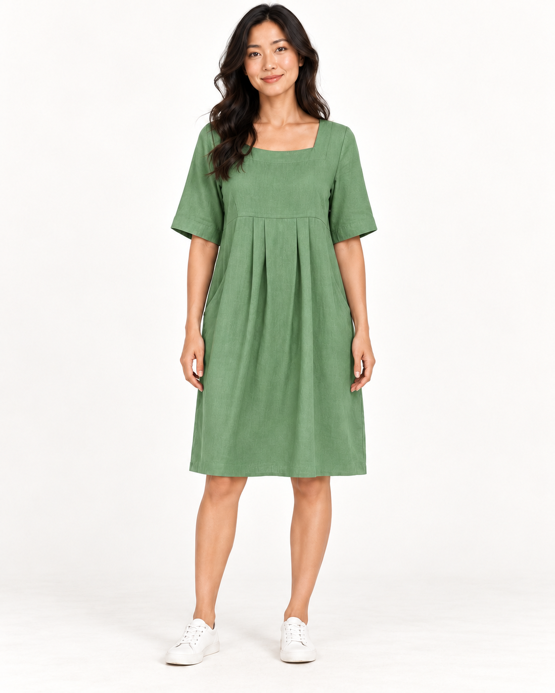 Women's Round-Neck Pocket Dress, Green, full-length front view