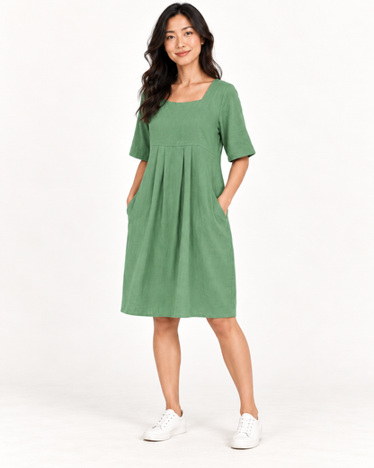Women's Round-Neck Pocket Dress, Green, full-length three-quarter view