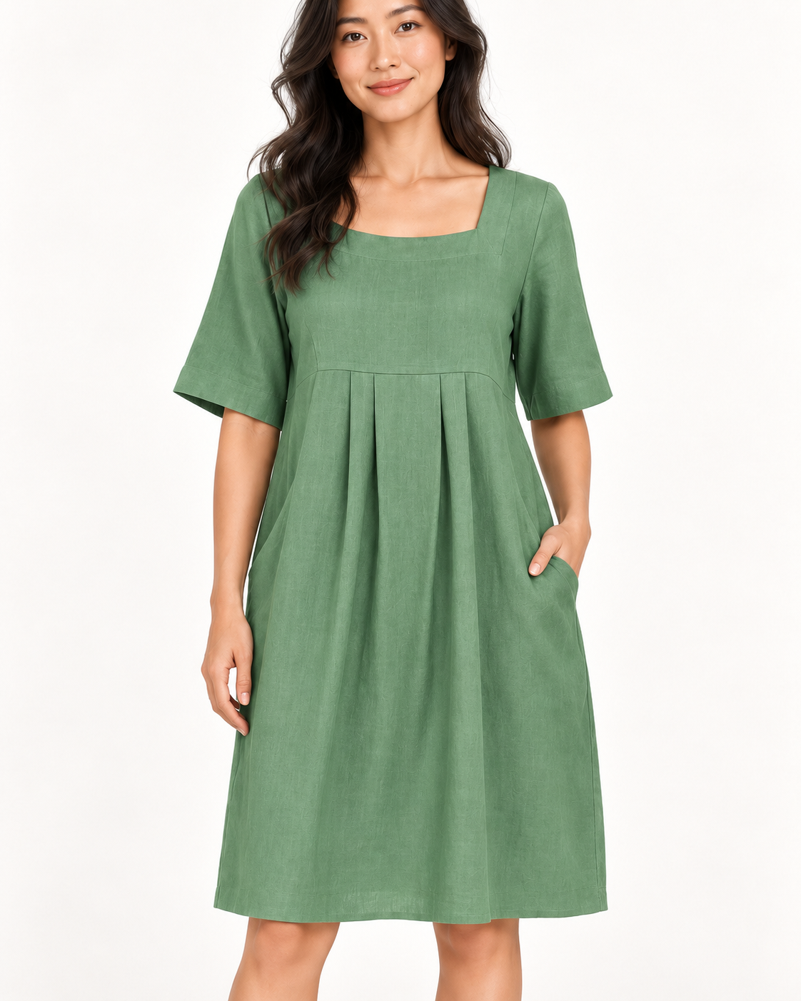 Women's Round-Neck Pocket Dress, Green, garment detail close-up