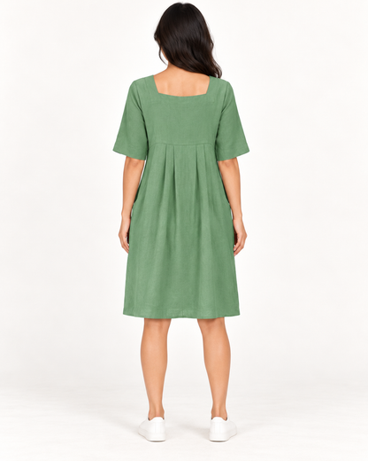 Women's Round-Neck Pocket Dress, Green, full-length back view