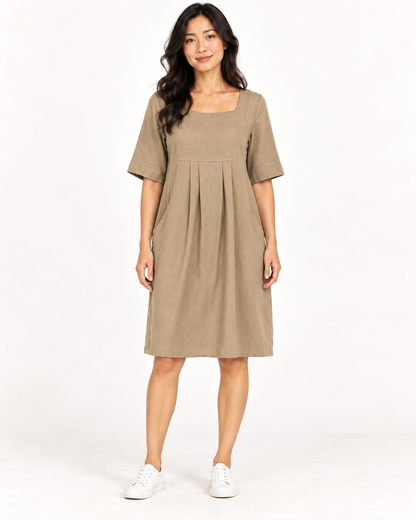 Women's Round-Neck Pocket Dress, Khaki, full-length front view
