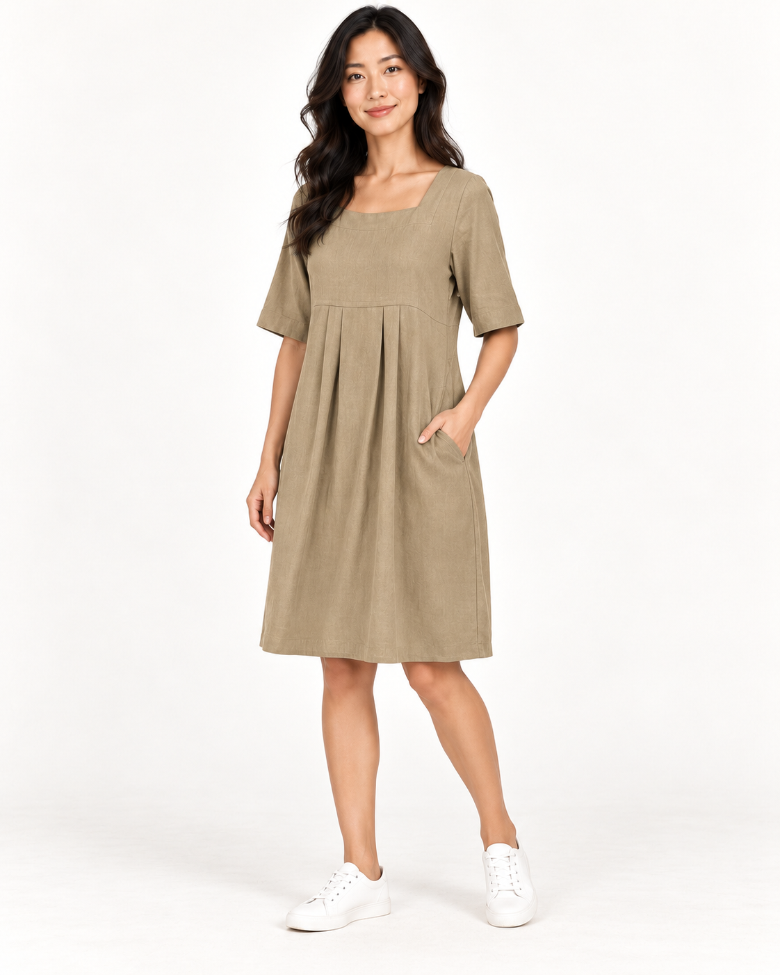 Women's Round-Neck Pocket Dress, Khaki, full-length three-quarter view