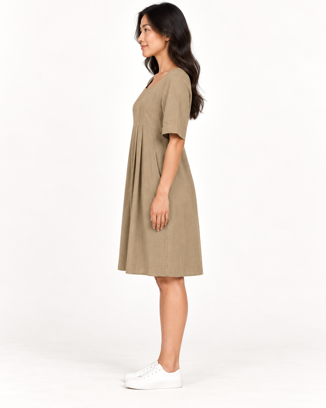 Women's Round-Neck Pocket Dress, Khaki, full-length side view