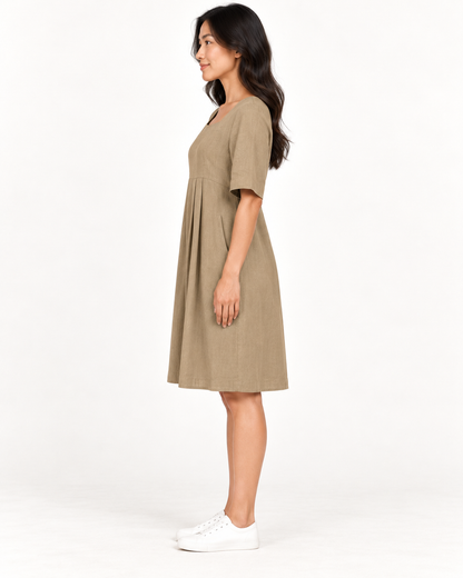 Women's Round-Neck Pocket Dress, Khaki, full-length side view