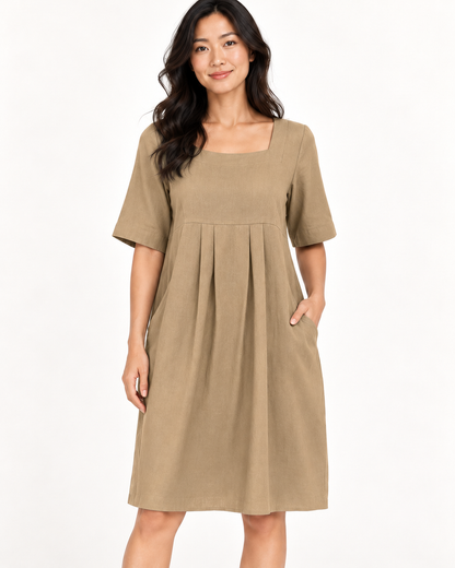 Women's Round-Neck Pocket Dress, Khaki, garment detail close-up