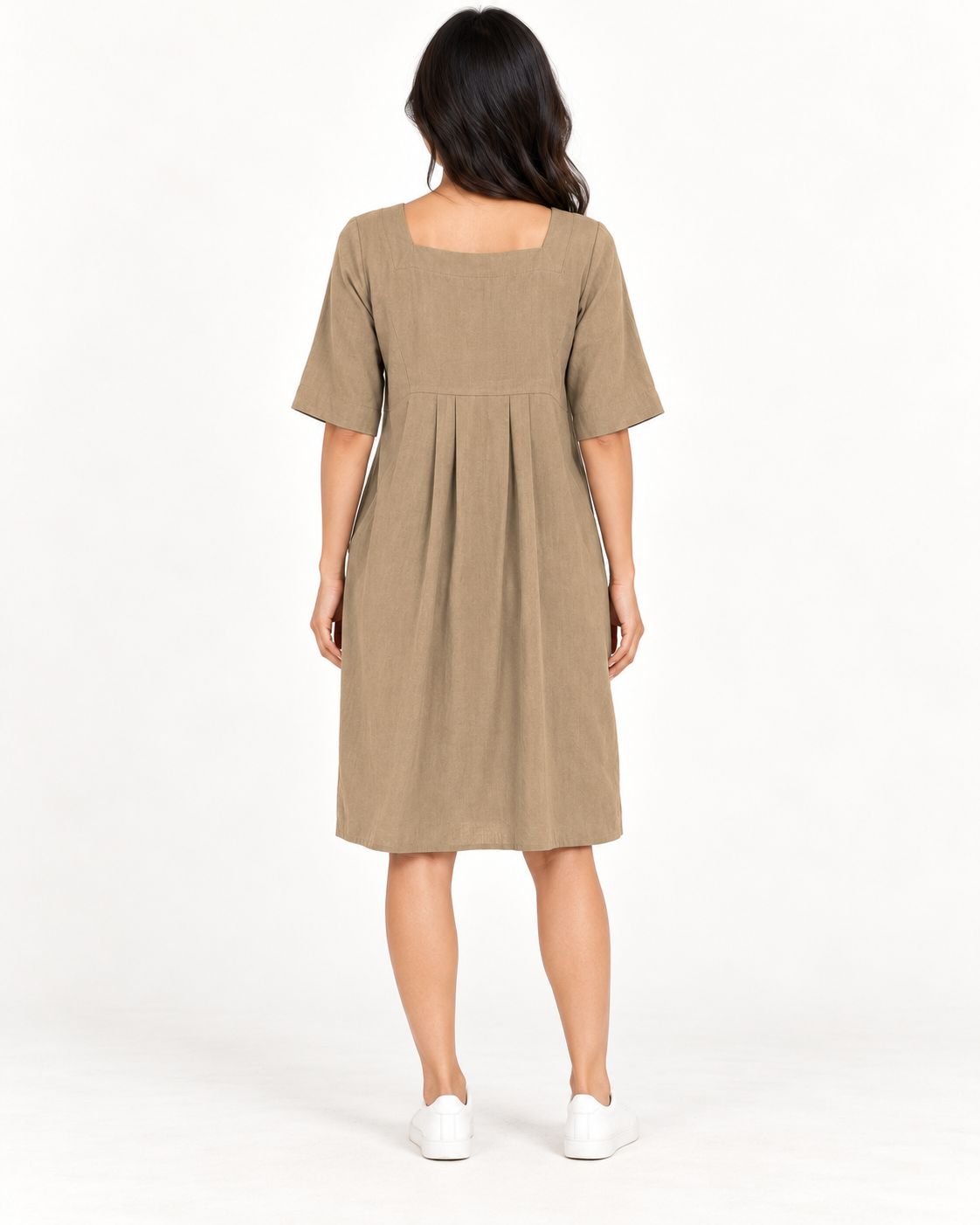 Women's Round-Neck Pocket Dress, Khaki, full-length back view