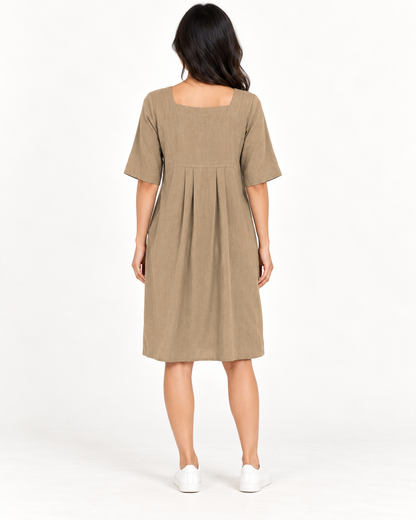 Women's Round-Neck Pocket Dress, Khaki, full-length back view