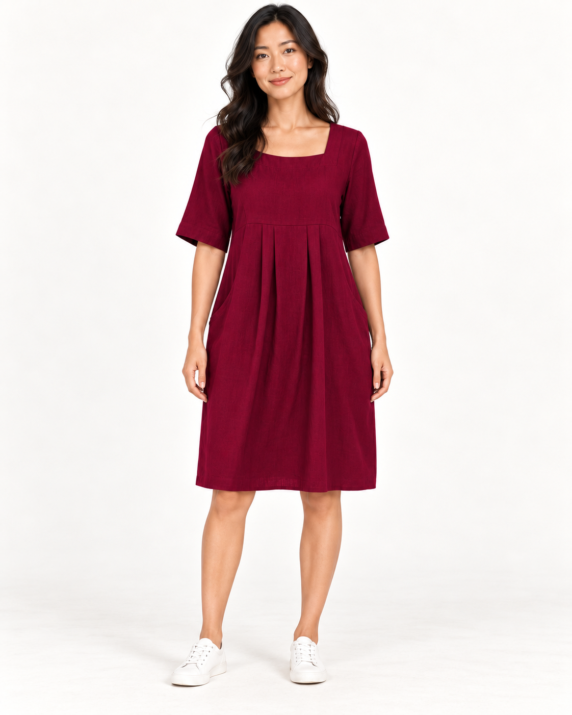 Women's Round-Neck Pocket Dress, Red, full-length front view