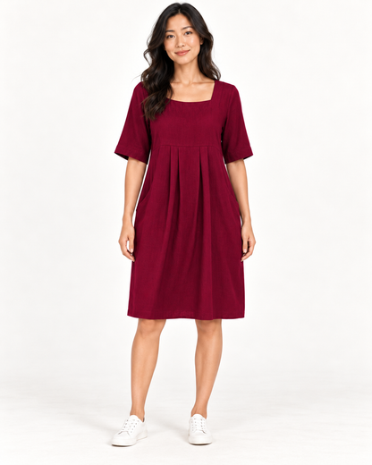 Women's Round-Neck Pocket Dress, Red, full-length front view