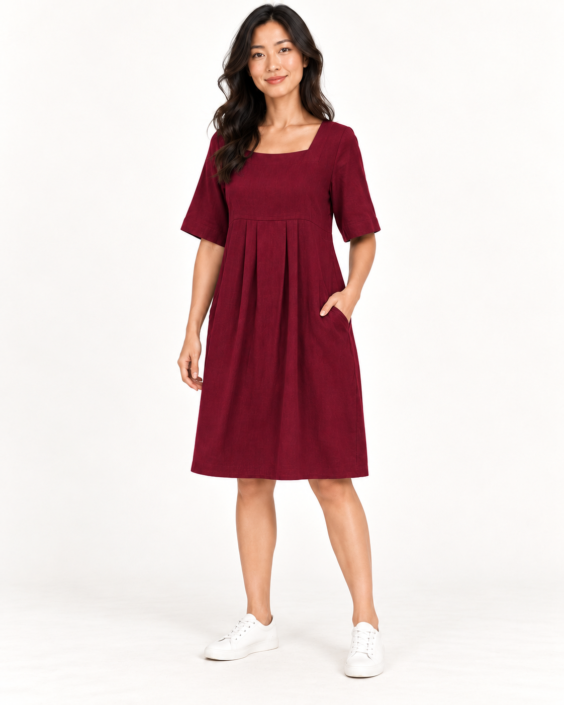 Women's Round-Neck Pocket Dress, Red, full-length three-quarter view