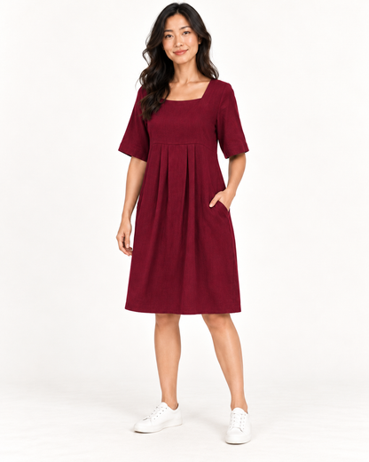 Women's Round-Neck Pocket Dress, Red, full-length three-quarter view