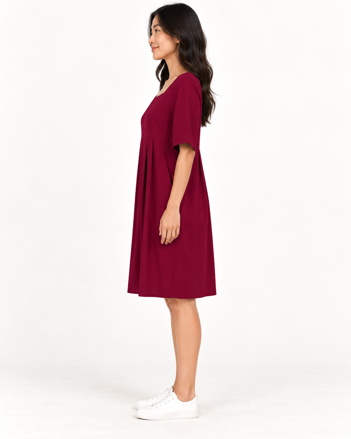 Women's Round-Neck Pocket Dress, Red, full-length side view