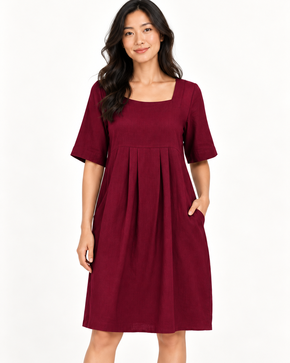 Women's Round-Neck Pocket Dress, Red, garment detail close-up
