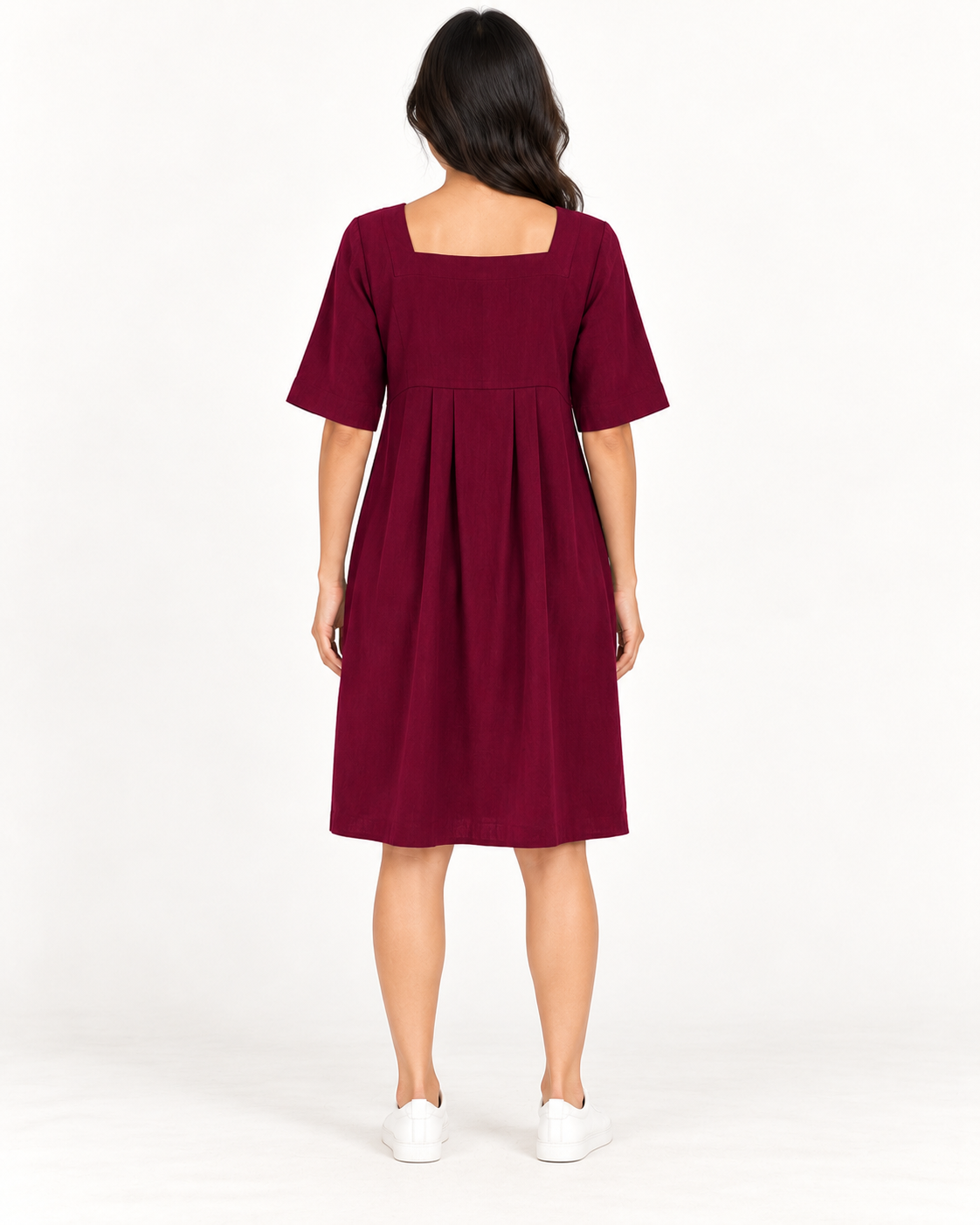 Women's Round-Neck Pocket Dress, Red, full-length back view