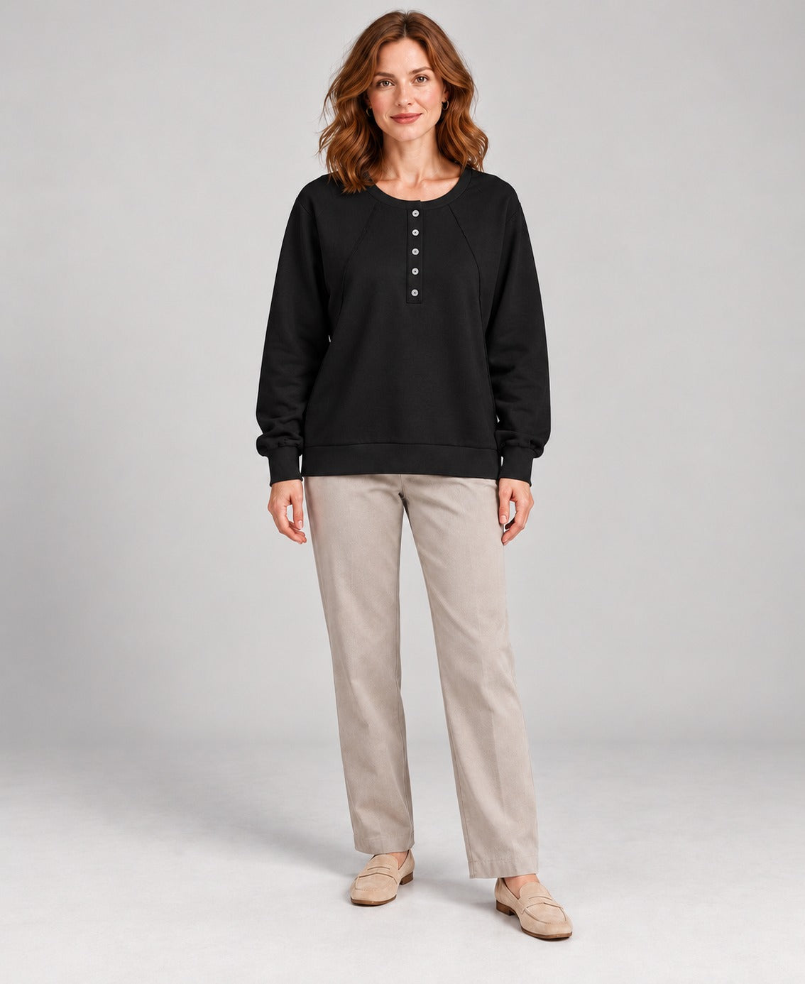 Women's Round-Neck Long Sleeve Pullover Sweater, black, front hero