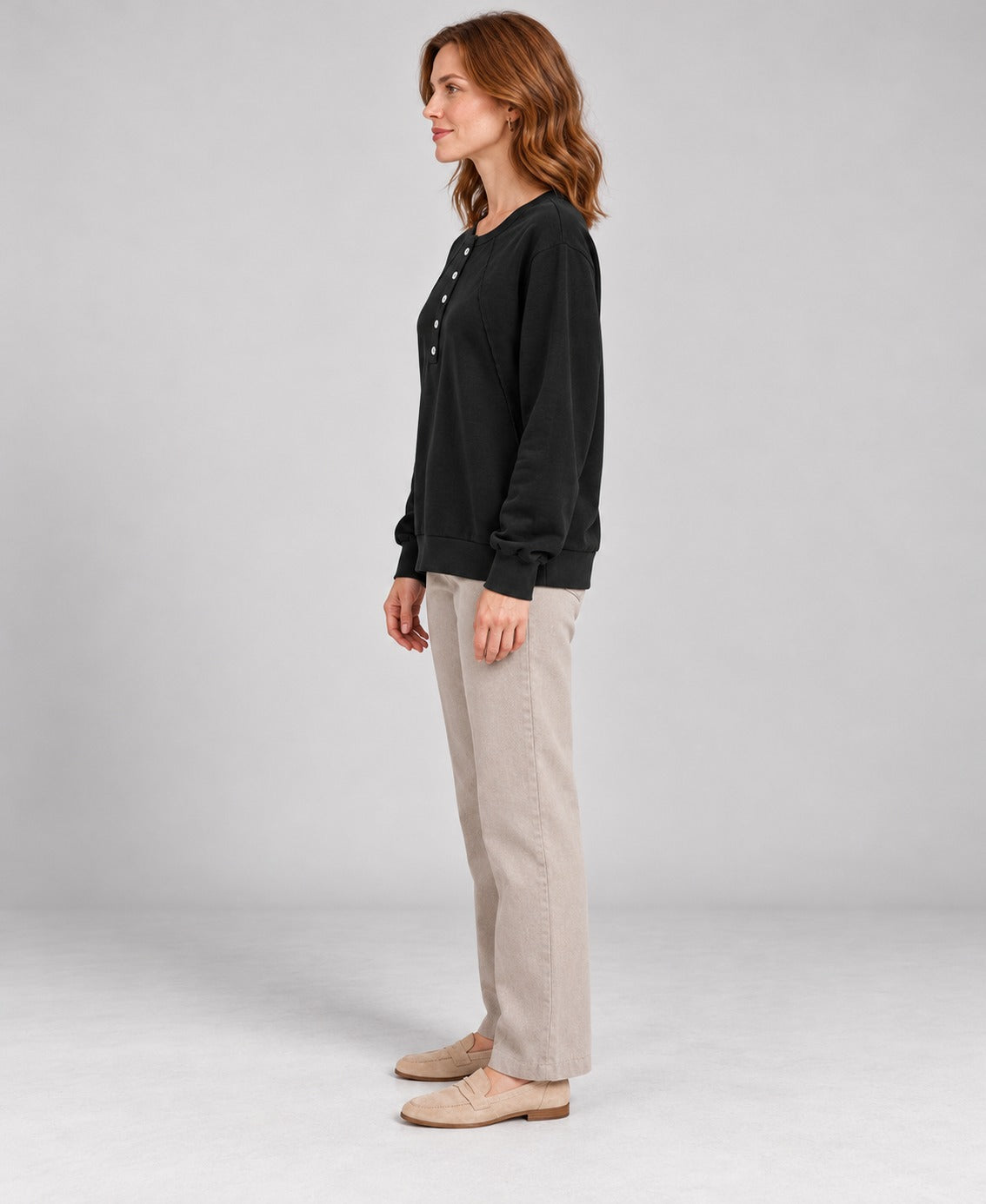 Women's Round-Neck Long Sleeve Pullover Sweater, black, side profile