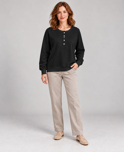 Women's Round-Neck Long Sleeve Pullover Sweater, black, three quarter