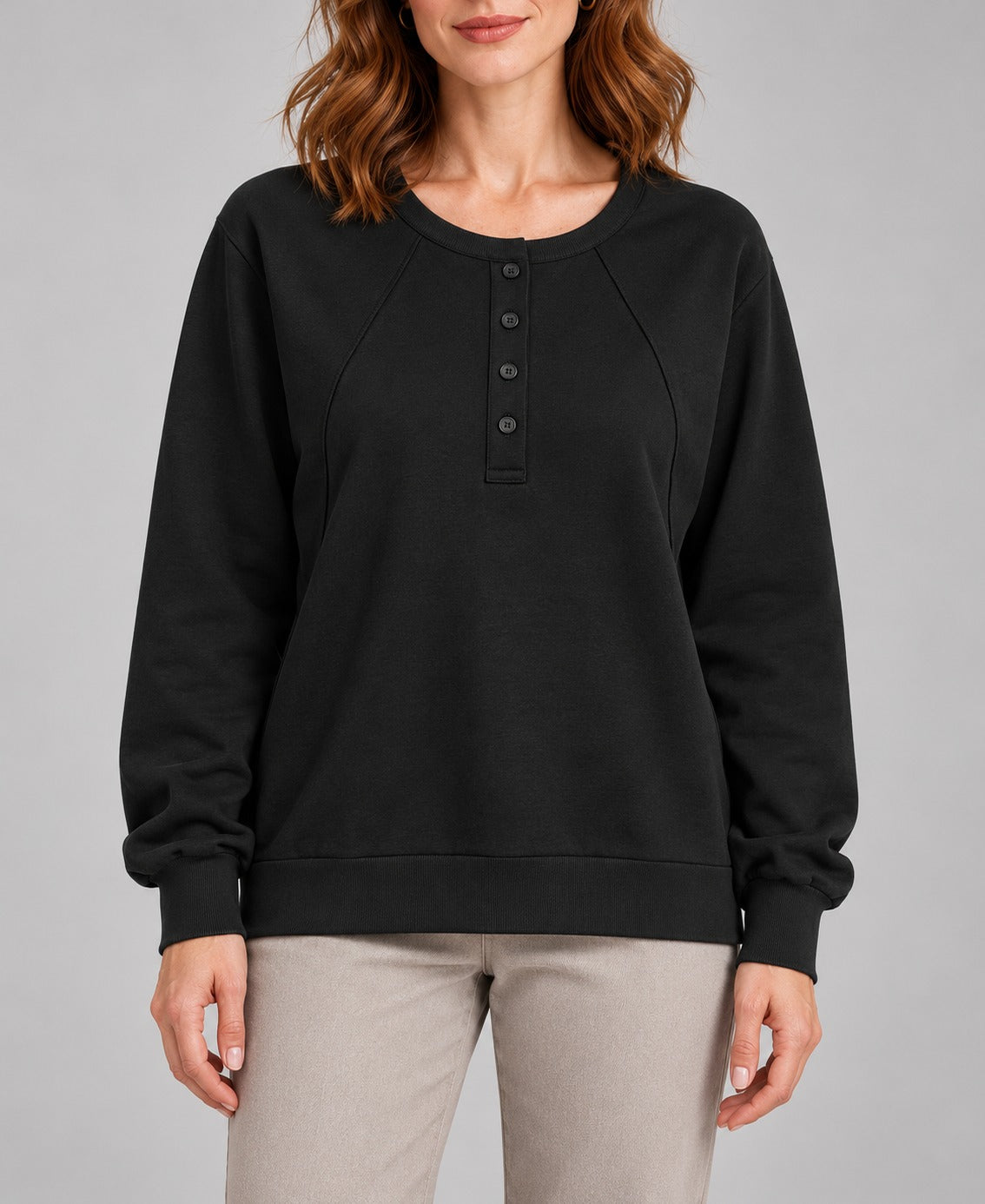 Women's Round-Neck Long Sleeve Pullover Sweater, black, detail