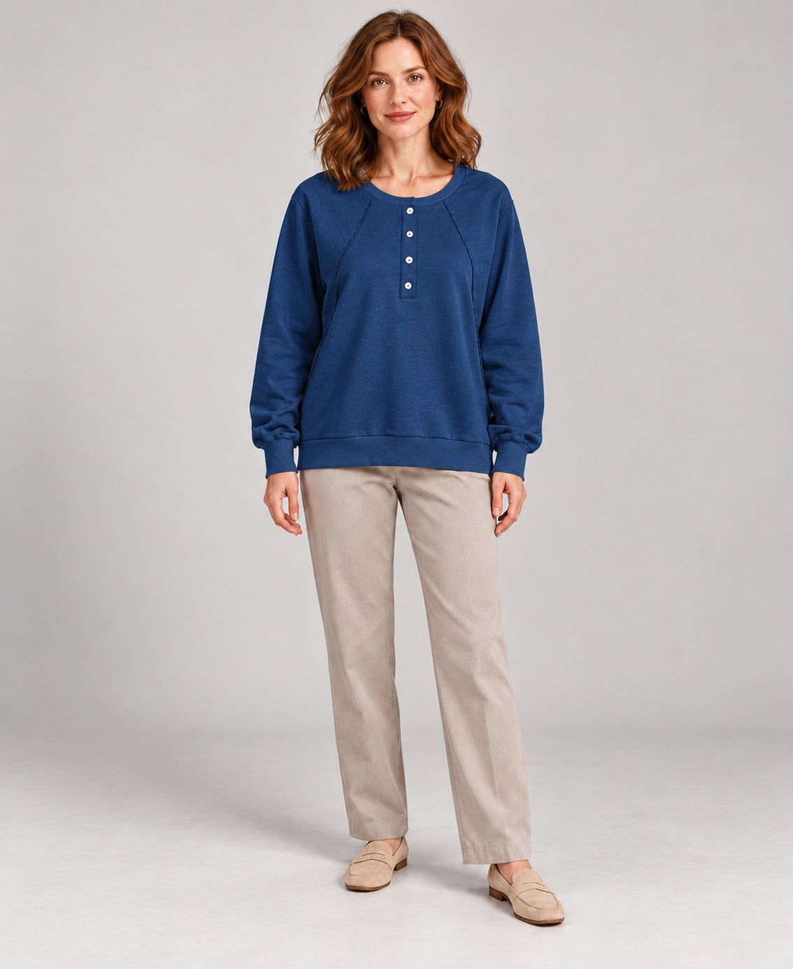 Women's Round-Neck Long Sleeve Pullover Sweater, blue, front hero