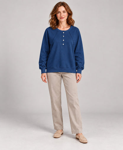 Women's Round-Neck Long Sleeve Pullover Sweater, blue, front hero