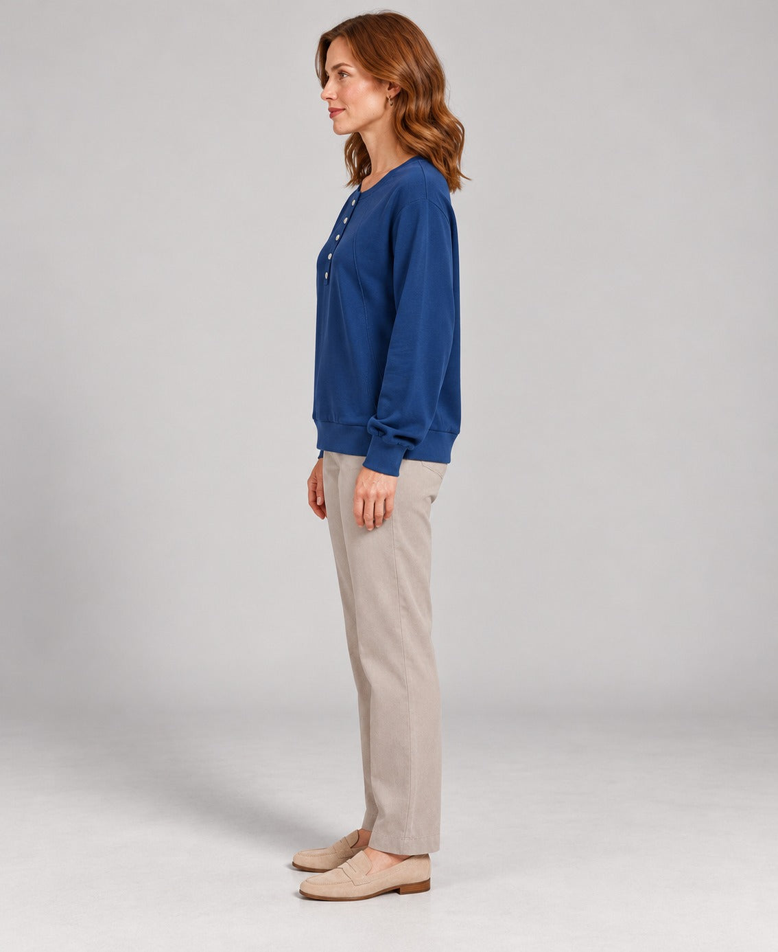 Women's Round-Neck Long Sleeve Pullover Sweater, blue, side profile