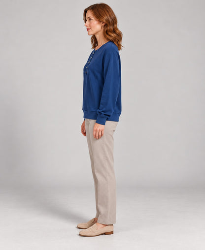 Women's Round-Neck Long Sleeve Pullover Sweater, blue, side profile