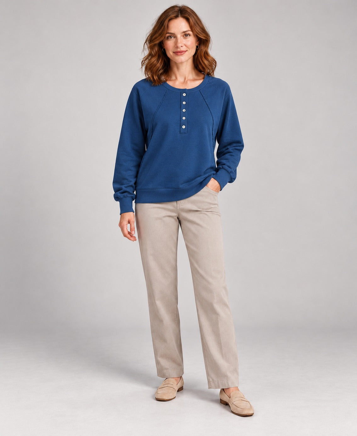 Women's Round-Neck Long Sleeve Pullover Sweater, blue, three quarter