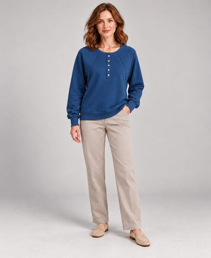 Women's Round-Neck Long Sleeve Pullover Sweater, blue, three quarter