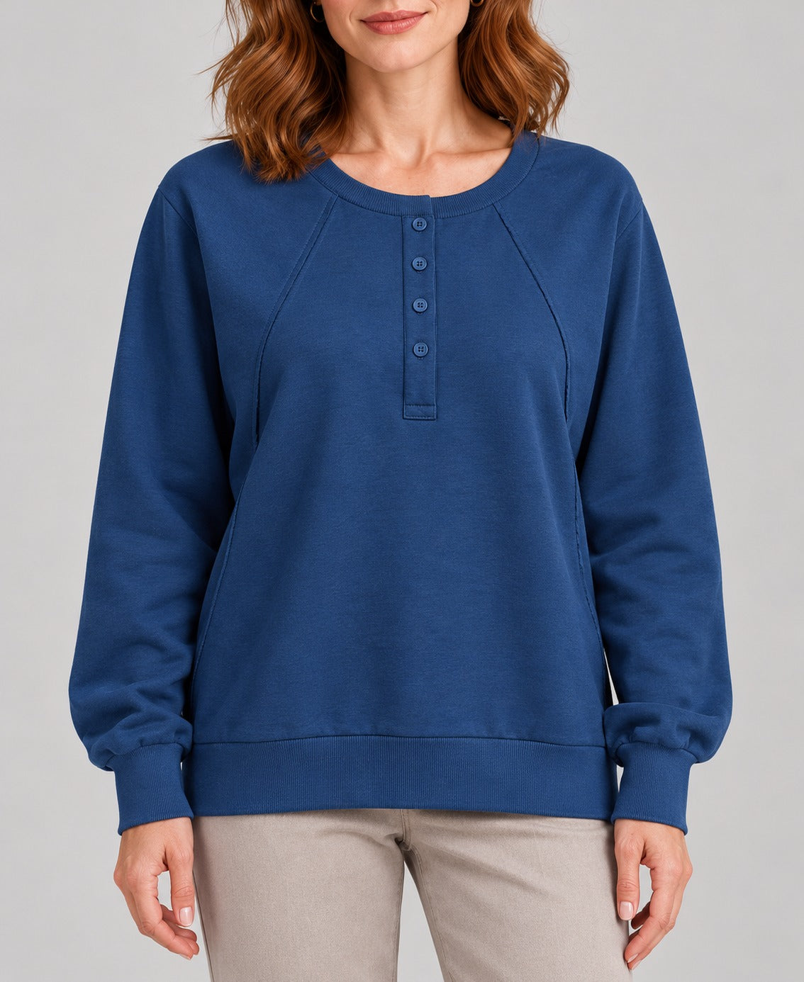 Women's Round-Neck Long Sleeve Pullover Sweater, blue, detail
