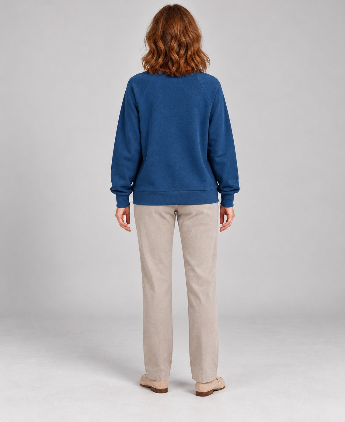Women's Round-Neck Long Sleeve Pullover Sweater, blue, back view