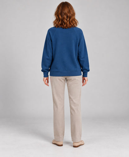 Women's Round-Neck Long Sleeve Pullover Sweater, blue, back view