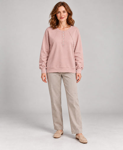 Women's Round-Neck Long Sleeve Pullover Sweater, pink, front hero